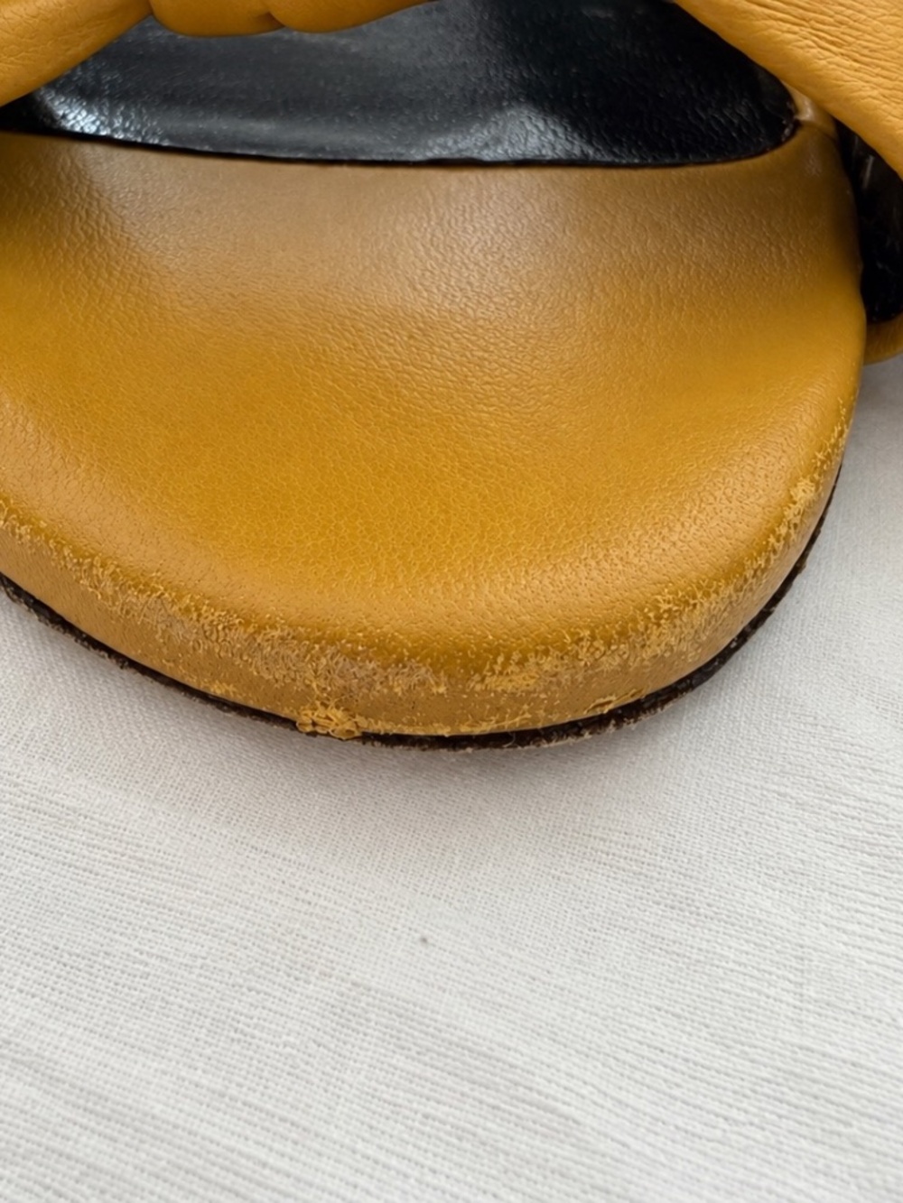 Saint Laurent YSL Mustard Leather Knot Wood Heel Mules Sandals Size 37.5 - Picture 8 of 9